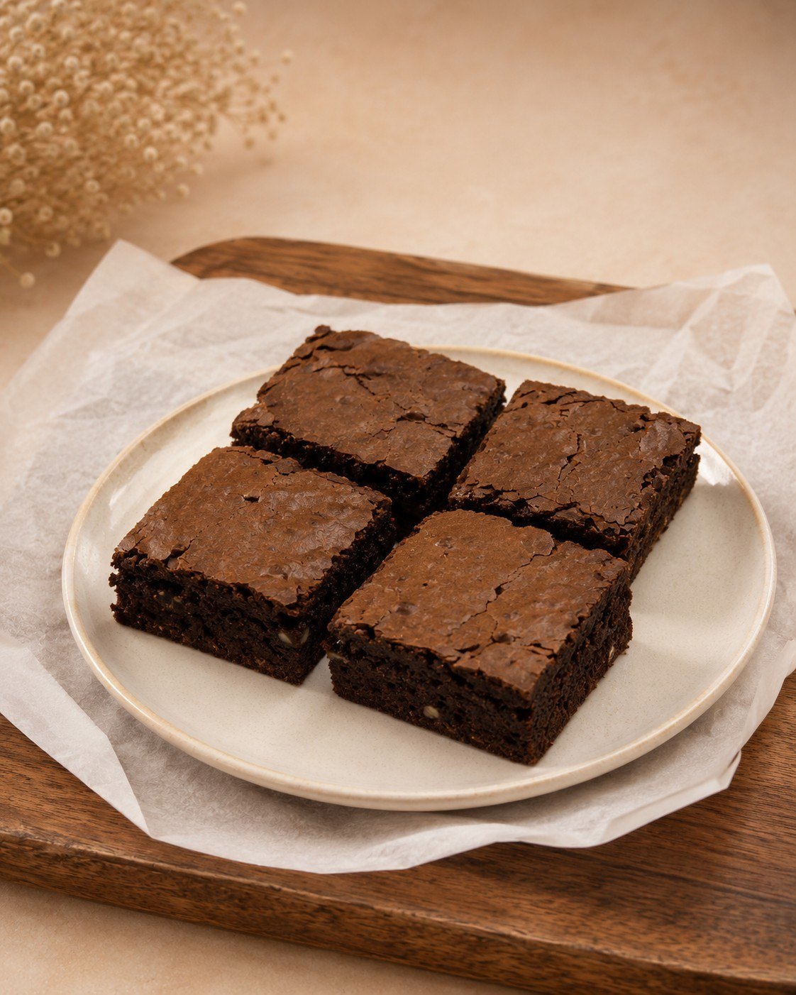 Tabakta dört adet porsiyon Cotton Bakery brownie